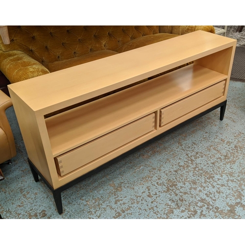 441 - SIDEBOARD, light wood construction, metal base, 159cm x 36cm x 72cm.