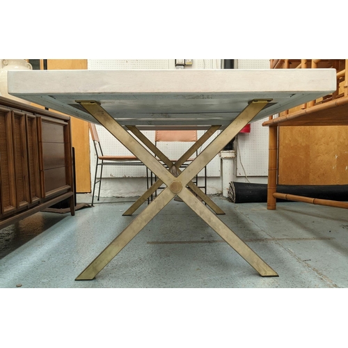 456 - DINING TABLE, parquet style top, gilt base, 200cm x 100.5cm x 78cm.