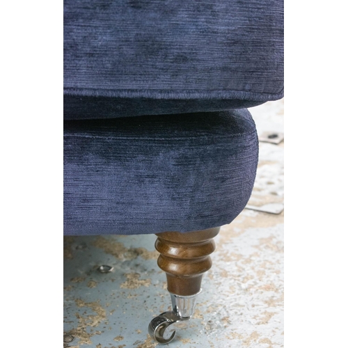 457 - HOWARD STYLE SOFA, navy blue chenille on chrome front castors, 87cm H x 204cm W x 110cm D.