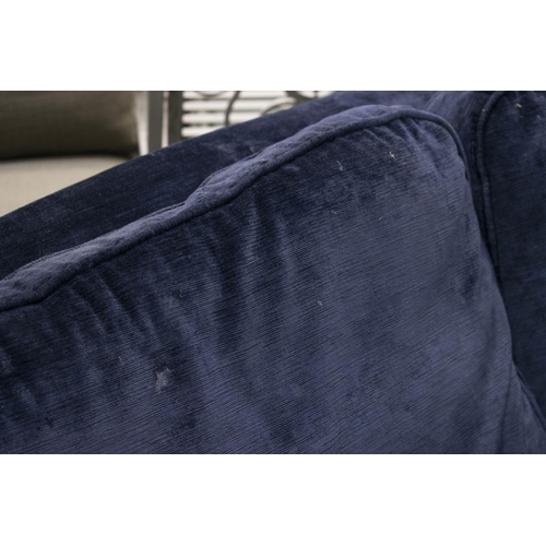 457 - HOWARD STYLE SOFA, navy blue chenille on chrome front castors, 87cm H x 204cm W x 110cm D.