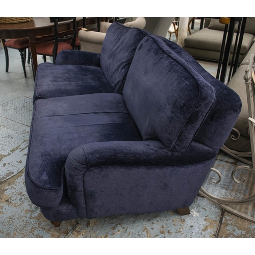 457 - HOWARD STYLE SOFA, navy blue chenille on chrome front castors, 87cm H x 204cm W x 110cm D.