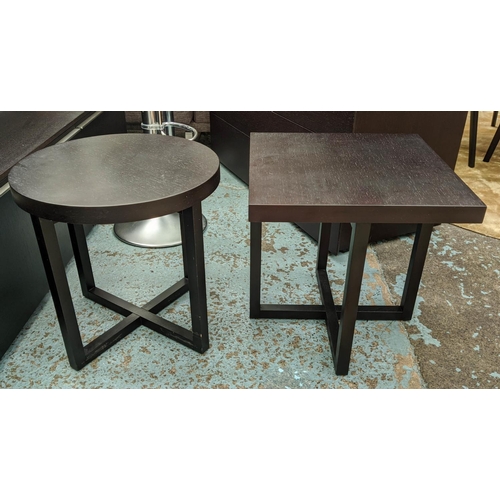 460 - SIDE TABLES, a set of two, one with a square top, another circular, 48.5cm x 48.5cm x 49cm at larges... 