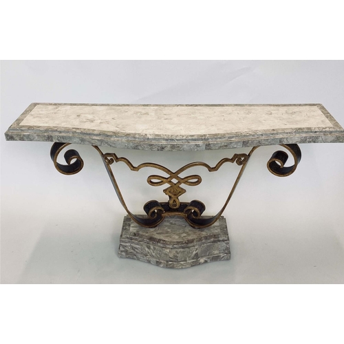 334 - CONSOLE TABLE, travertine marble top, on gilded wrought iron support and stepped base, 140cm x 39cm ... 