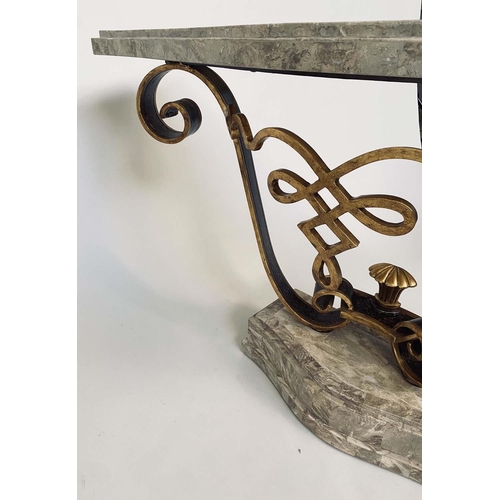 334 - CONSOLE TABLE, travertine marble top, on gilded wrought iron support and stepped base, 140cm x 39cm ... 