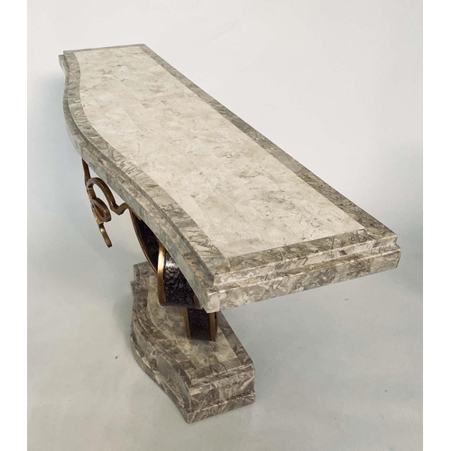 334 - CONSOLE TABLE, travertine marble top, on gilded wrought iron support and stepped base, 140cm x 39cm ... 