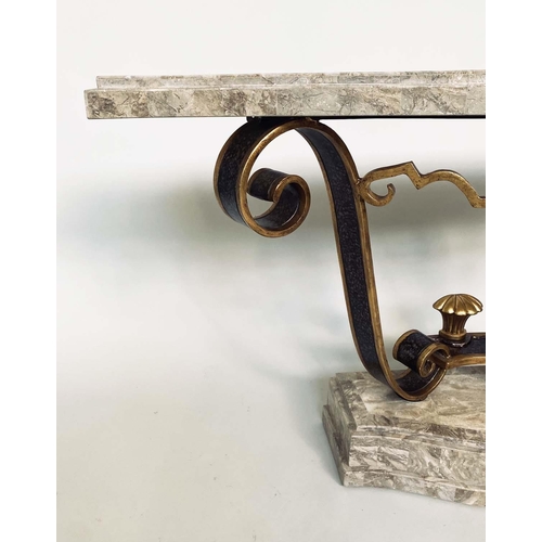 334 - CONSOLE TABLE, travertine marble top, on gilded wrought iron support and stepped base, 140cm x 39cm ... 