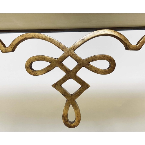 334 - CONSOLE TABLE, travertine marble top, on gilded wrought iron support and stepped base, 140cm x 39cm ... 