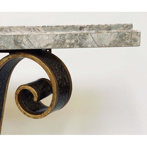 334 - CONSOLE TABLE, travertine marble top, on gilded wrought iron support and stepped base, 140cm x 39cm ... 