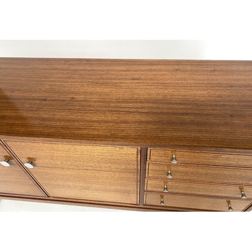 339 - SIDEBOARD, 1970s teak. with two panel doors and four drawers with indented line detail, on square su... 