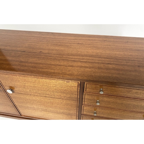 339 - SIDEBOARD, 1970s teak. with two panel doors and four drawers with indented line detail, on square su... 