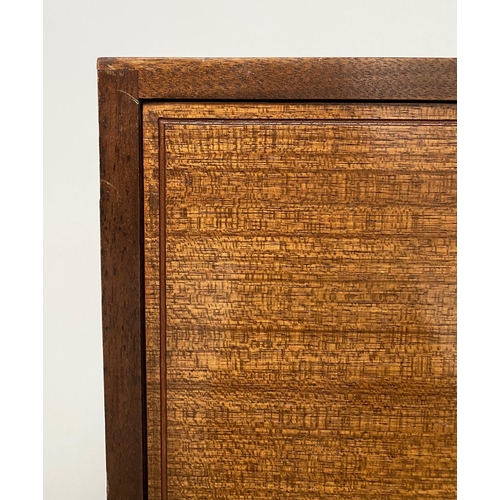 339 - SIDEBOARD, 1970s teak. with two panel doors and four drawers with indented line detail, on square su... 