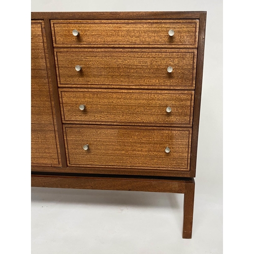 339 - SIDEBOARD, 1970s teak. with two panel doors and four drawers with indented line detail, on square su... 