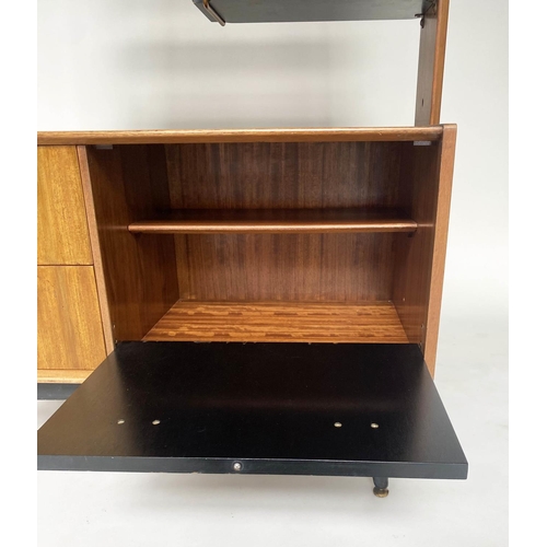 341 - G PLAN SIDE CABINET BY E GOMME, sapele and ebonised, with drawers and doors raised on swept supports... 