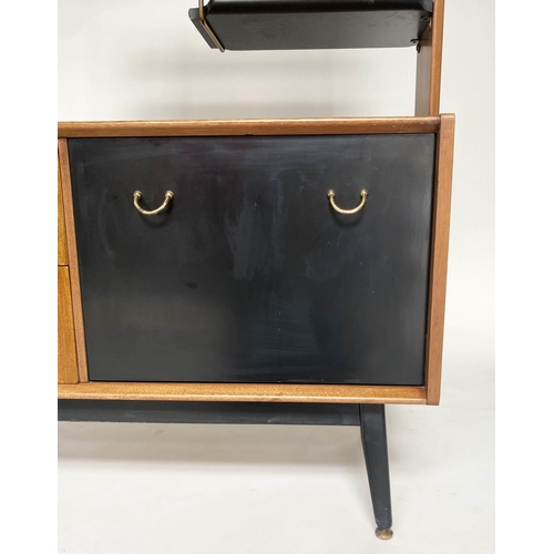 341 - G PLAN SIDE CABINET BY E GOMME, sapele and ebonised, with drawers and doors raised on swept supports... 