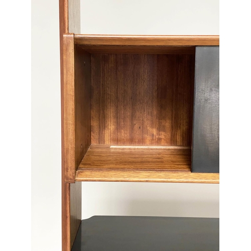 341 - G PLAN SIDE CABINET BY E GOMME, sapele and ebonised, with drawers and doors raised on swept supports... 