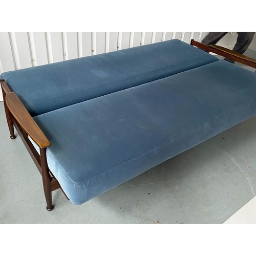 342 - SOFA BED, 1970s teak framed, with blue velvet upholstery, 202cm W.