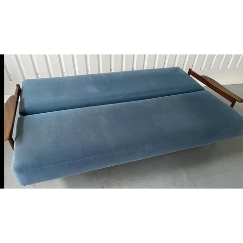 342 - SOFA BED, 1970s teak framed, with blue velvet upholstery, 202cm W.