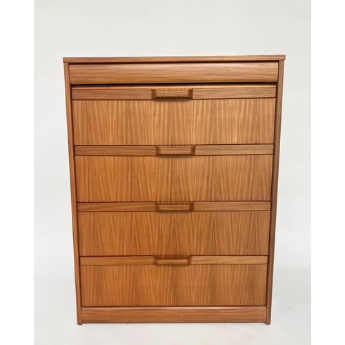 331 - CHEST, 1970s Afromosia teak, with 'blind' frieze drawer above four long deep drawers, and bentwood d... 