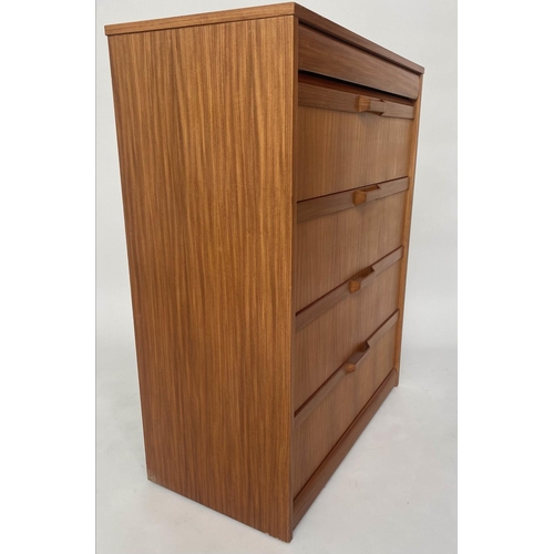 331 - CHEST, 1970s Afromosia teak, with 'blind' frieze drawer above four long deep drawers, and bentwood d... 