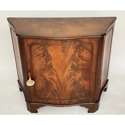 228 - SIDE CABINET, George III style flame mahogany of serpentine outline with panel door enclosing shelf,... 