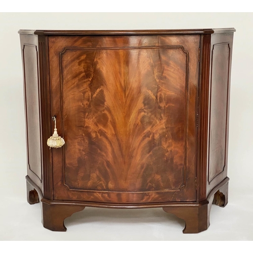 228 - SIDE CABINET, George III style flame mahogany of serpentine outline with panel door enclosing shelf,... 