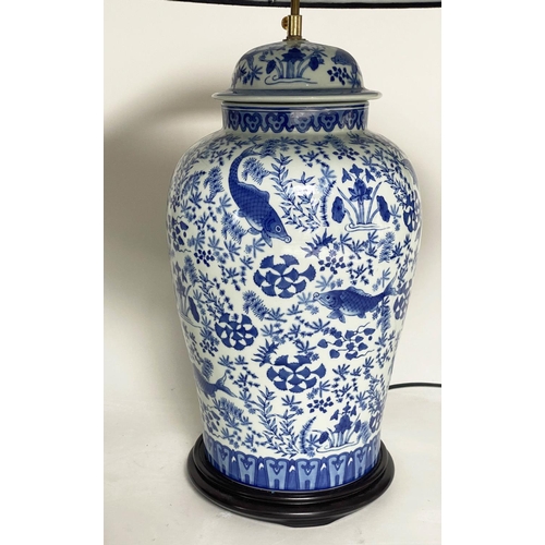 229 - CARP TABLE LAMPS, a pair, Chinese blue and white ceramic of ginger jar form with Timothy Oulton cool... 