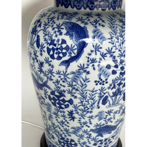 229 - CARP TABLE LAMPS, a pair, Chinese blue and white ceramic of ginger jar form with Timothy Oulton cool... 