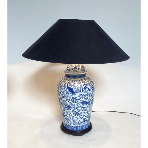 229 - CARP TABLE LAMPS, a pair, Chinese blue and white ceramic of ginger jar form with Timothy Oulton cool... 