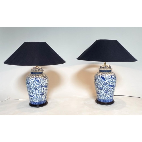 229 - CARP TABLE LAMPS, a pair, Chinese blue and white ceramic of ginger jar form with Timothy Oulton cool... 