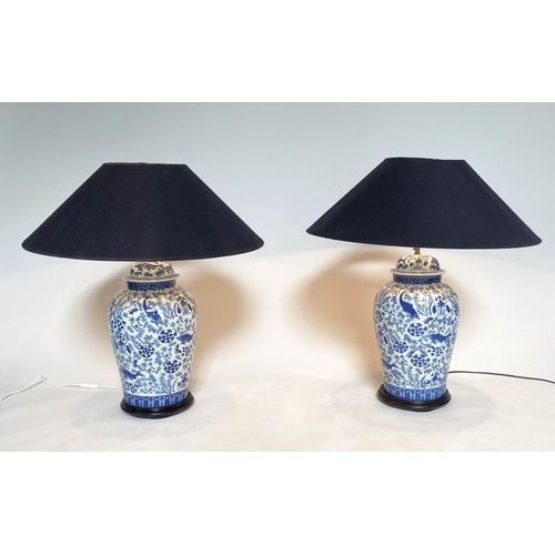 229 - CARP TABLE LAMPS, a pair, Chinese blue and white ceramic of ginger jar form with Timothy Oulton cool... 