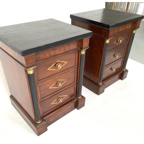 230 - PIER CHESTS, a pair, Empire style mahogany and gilt metal mounted each with three drawers and pillar... 