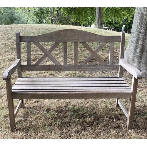 235 - GARDEN BENCH, silvery weathered teak with double 'X' back, 119cm W.