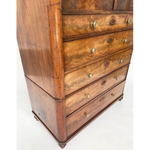 221 - SIDE CABINET, 19th century French flame mahogany, with two curved and shaped doors above five drawer... 