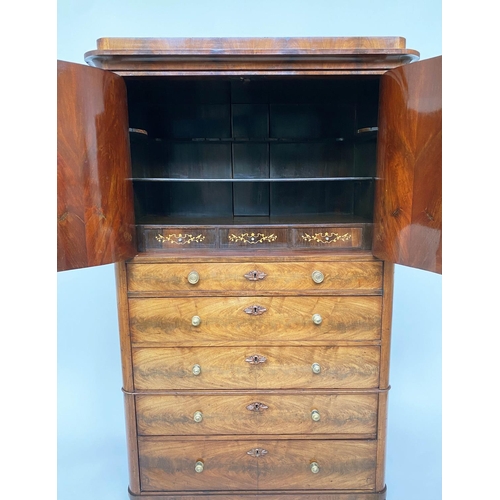 221 - SIDE CABINET, 19th century French flame mahogany, with two curved and shaped doors above five drawer... 