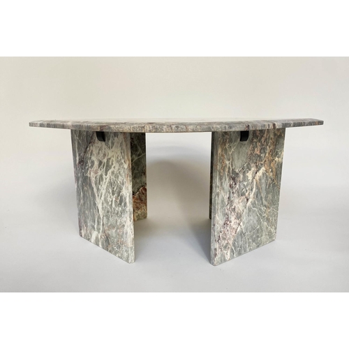 222 - LOW TABLE, 1970s, variegated pointed shaped grey marble top, on two part plinth support, 97cm x 75cm... 