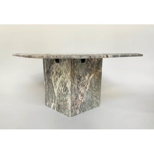 222 - LOW TABLE, 1970s, variegated pointed shaped grey marble top, on two part plinth support, 97cm x 75cm... 