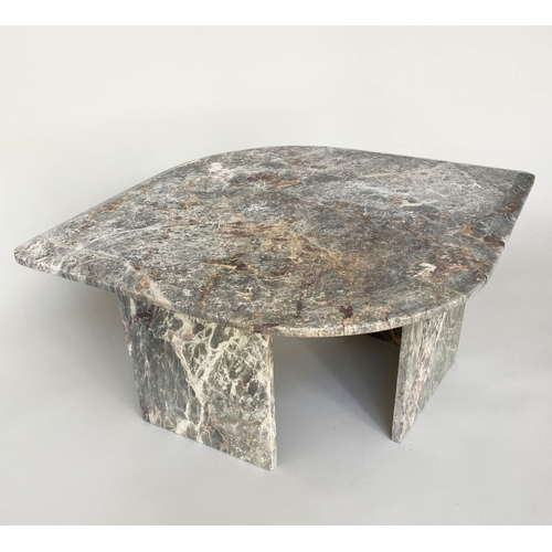 222 - LOW TABLE, 1970s, variegated pointed shaped grey marble top, on two part plinth support, 97cm x 75cm... 