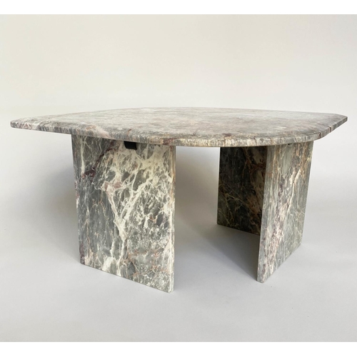 222 - LOW TABLE, 1970s, variegated pointed shaped grey marble top, on two part plinth support, 97cm x 75cm... 