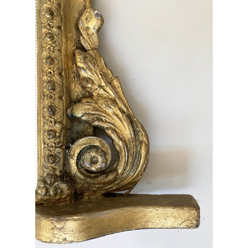 223 - OVERMANTEL, 19th century, giltwood and gesso moulded, with arched beaded frame and scroll crest, 119... 