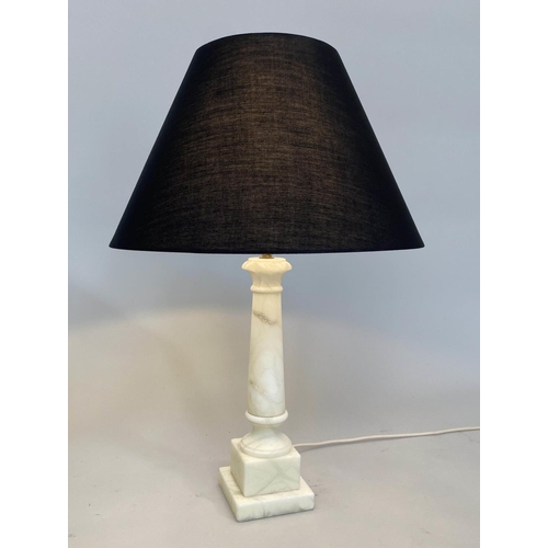 224 - ALABASTER TABLE LAMPS, a pair, classical column on plinth bases with shades, 61cm H. (2)