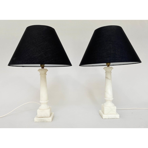 224 - ALABASTER TABLE LAMPS, a pair, classical column on plinth bases with shades, 61cm H. (2)