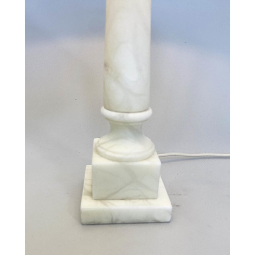 224 - ALABASTER TABLE LAMPS, a pair, classical column on plinth bases with shades, 61cm H. (2)