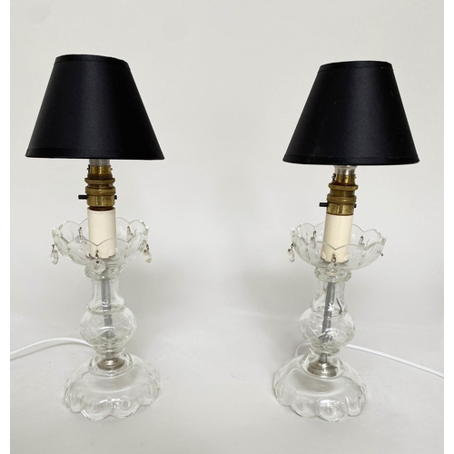 226 - TABLE LAMPS, a pair early 20th century glass of candle form, 40cm H. (2)