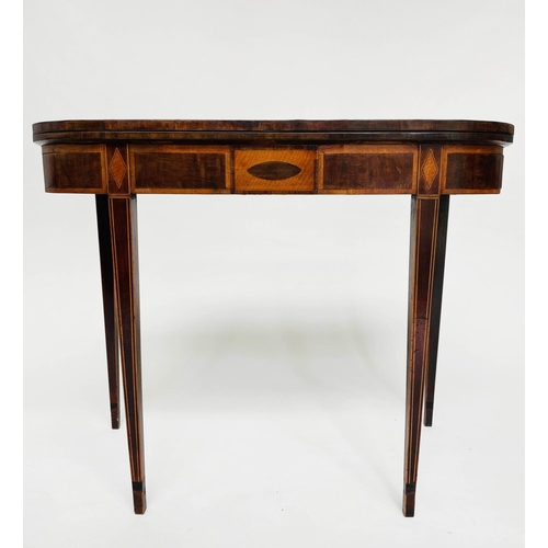 214 - TEA TABLE, George III foldover figured mahogany and satinwood crossbanded with tablet centred frieze... 