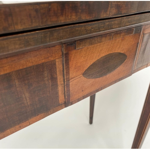 214 - TEA TABLE, George III foldover figured mahogany and satinwood crossbanded with tablet centred frieze... 