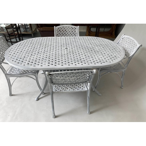 216 - GARDEN SET, painted cast aluminium, rounded rectangular table with four armchairs, table 180cm x 105... 