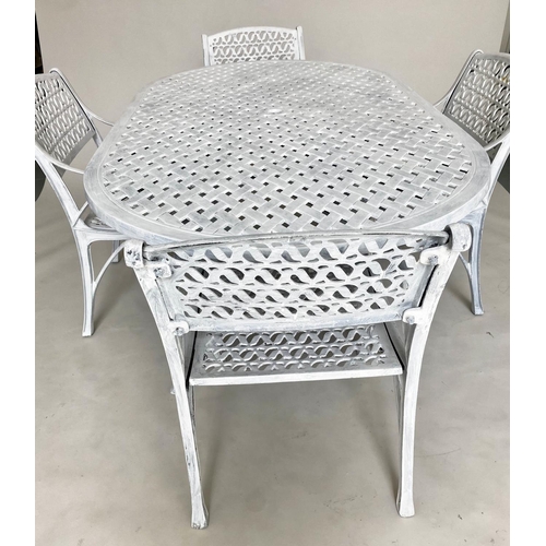 216 - GARDEN SET, painted cast aluminium, rounded rectangular table with four armchairs, table 180cm x 105... 