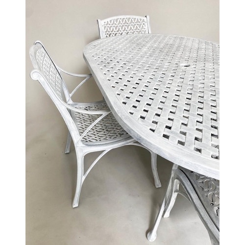 216 - GARDEN SET, painted cast aluminium, rounded rectangular table with four armchairs, table 180cm x 105... 