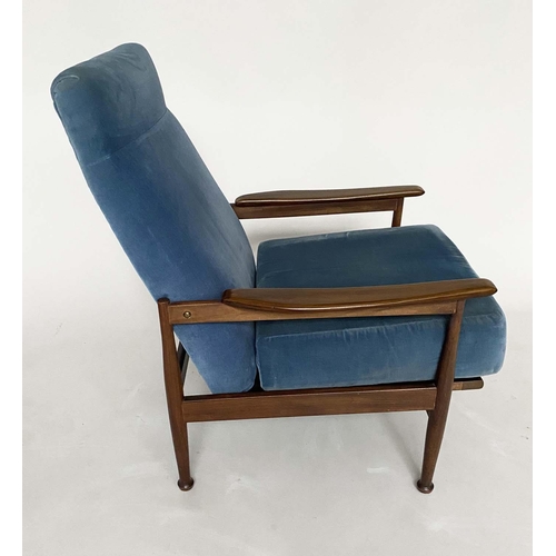 206 - ARMCHAIRS, a pair, 1970s Danish teak with Royal blue velvet upholstery, 69cm W. (2)