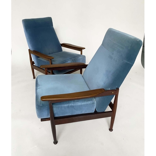 206 - ARMCHAIRS, a pair, 1970s Danish teak with Royal blue velvet upholstery, 69cm W. (2)